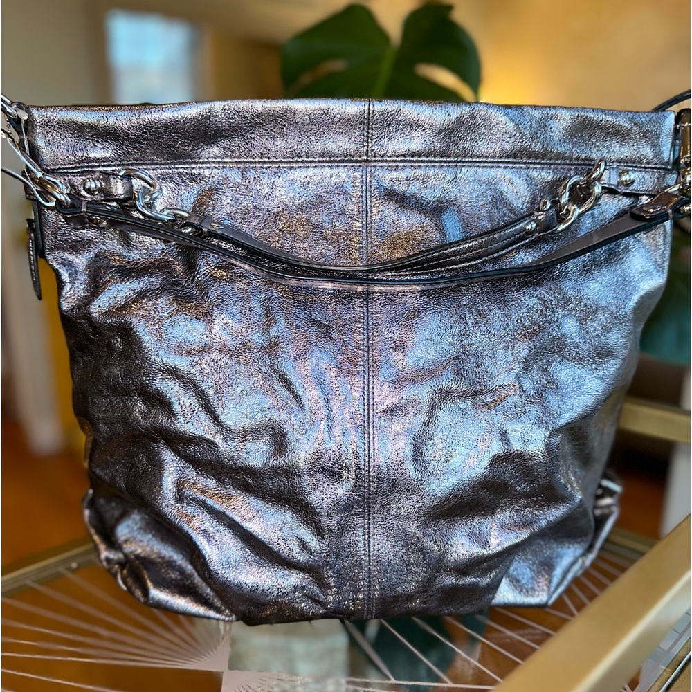 Coach Large Vintage Metallic Gunmetal Purse / Shoulder Bag - Satin - Chainlinks - Picture 3 of 7